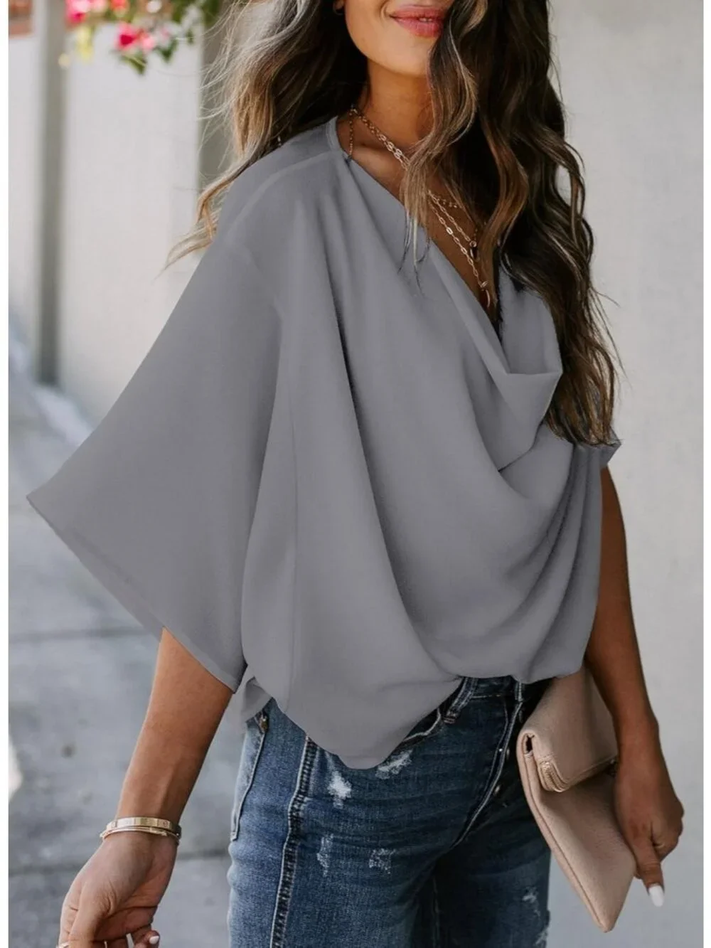 Women's 3/4 Sleeves Gray Wrap Draped Front Blouses Cowl Neck Chiffon Tops - Picture 3 of 4